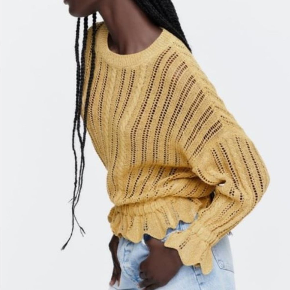 NWT Ruffled Open Knit Golden Sweater. - Picture 3 of 9